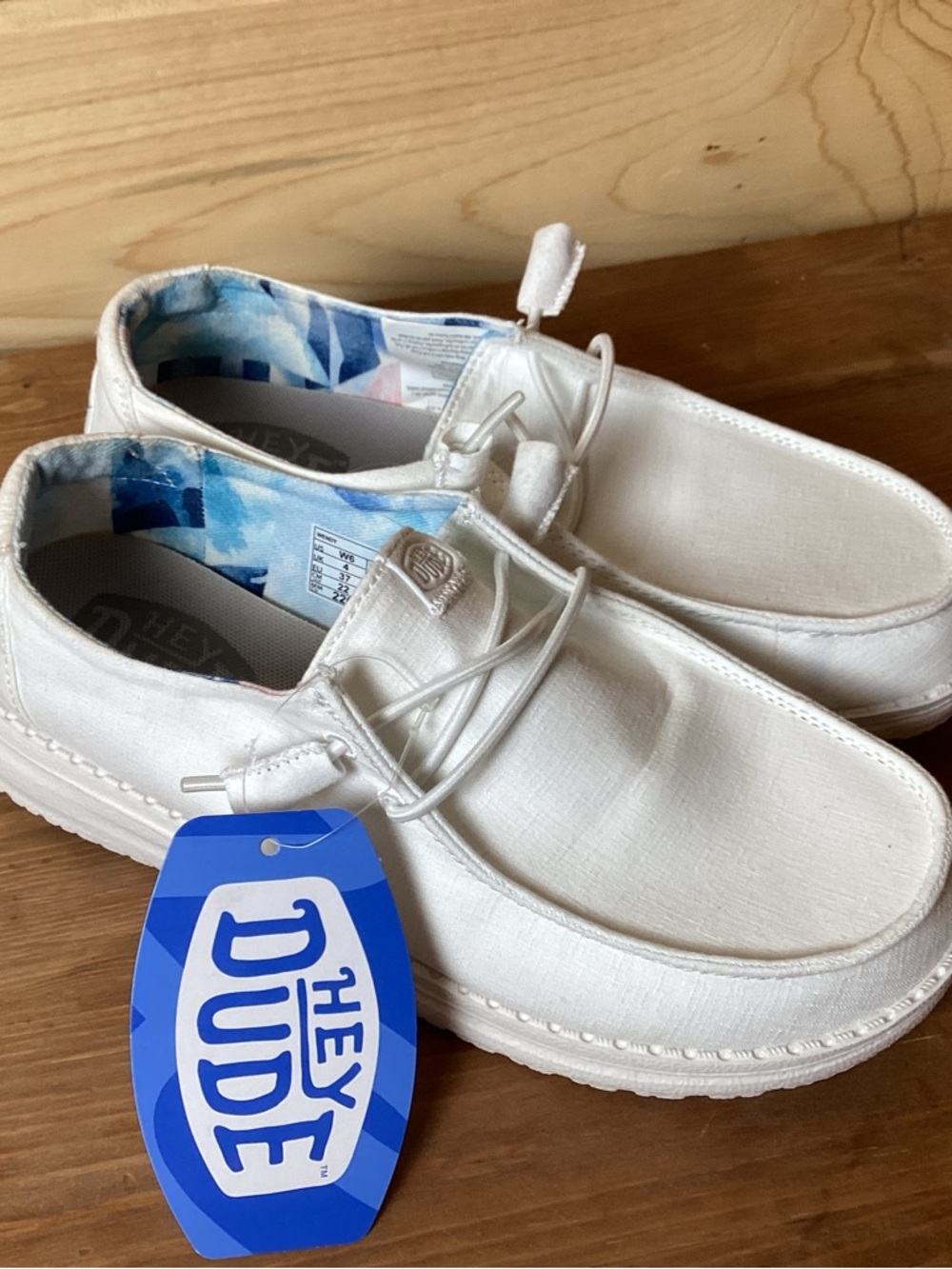 Hey Dude White Canvas Slip-On Shoes with Blue Patterned Lining